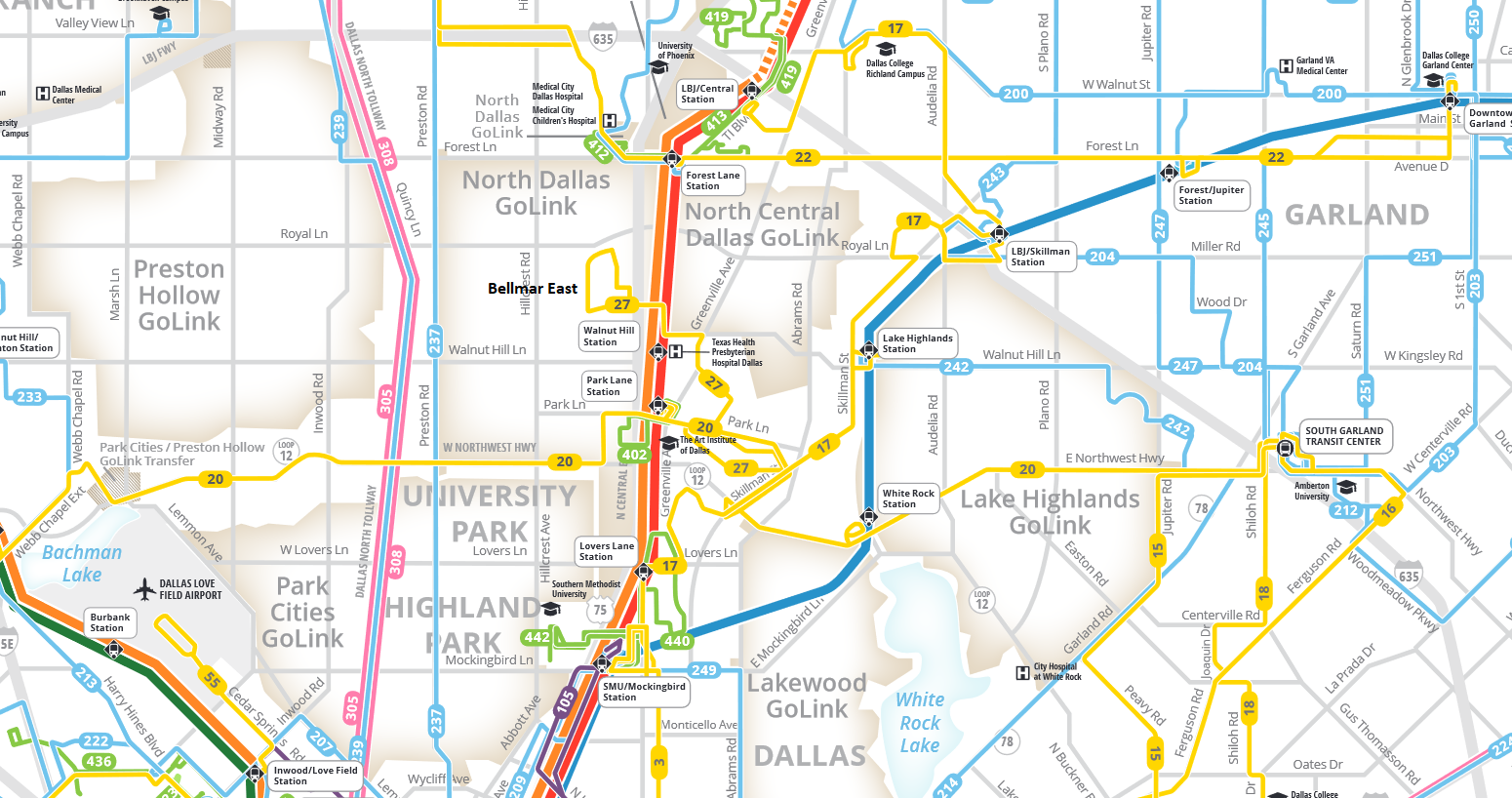 DART bus map for the North Dallas area